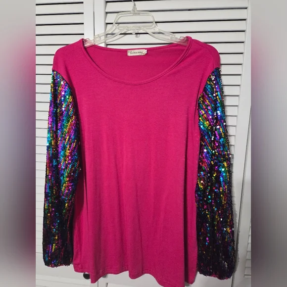Fuchsia Top with Multicolor Sequin Sleeves - Picture 1 of 6